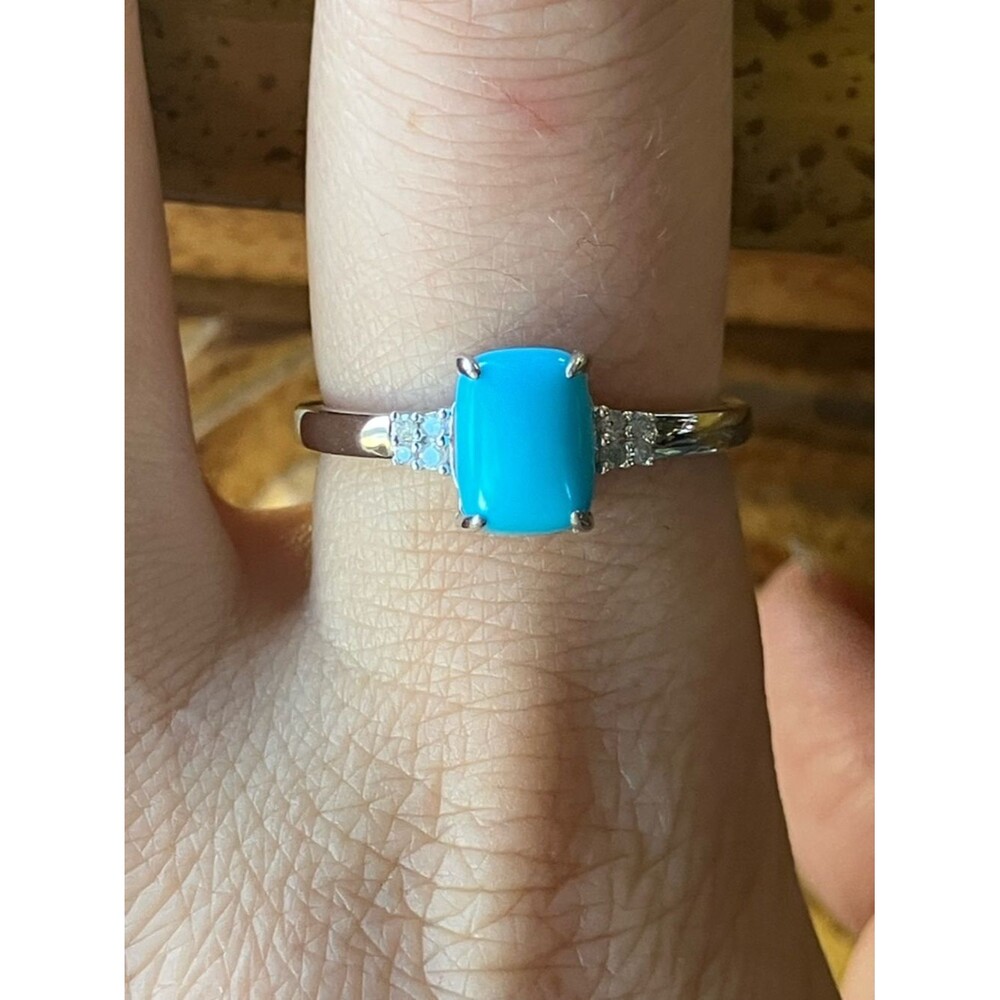 Sleeping Beauty Turquoise White Diamond Sterling Silver Ring Size 8.75